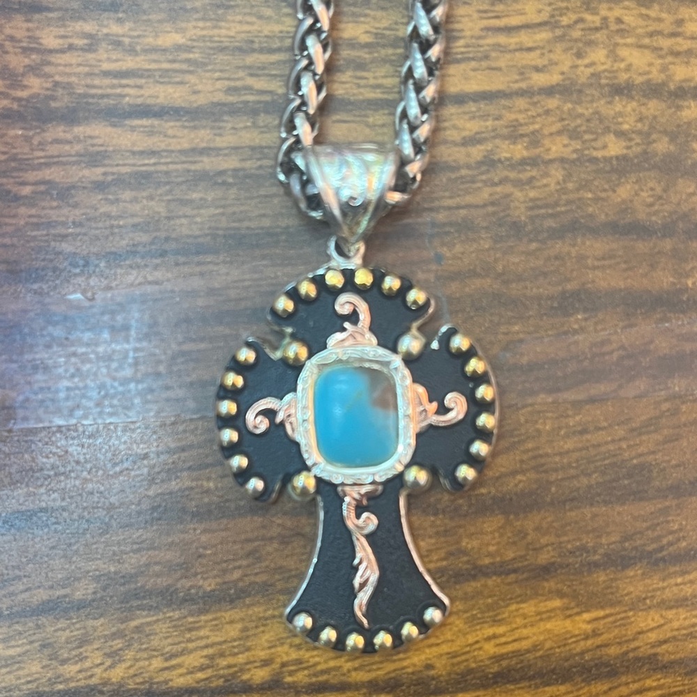 Western Turquoise cross Pendant with black & gold